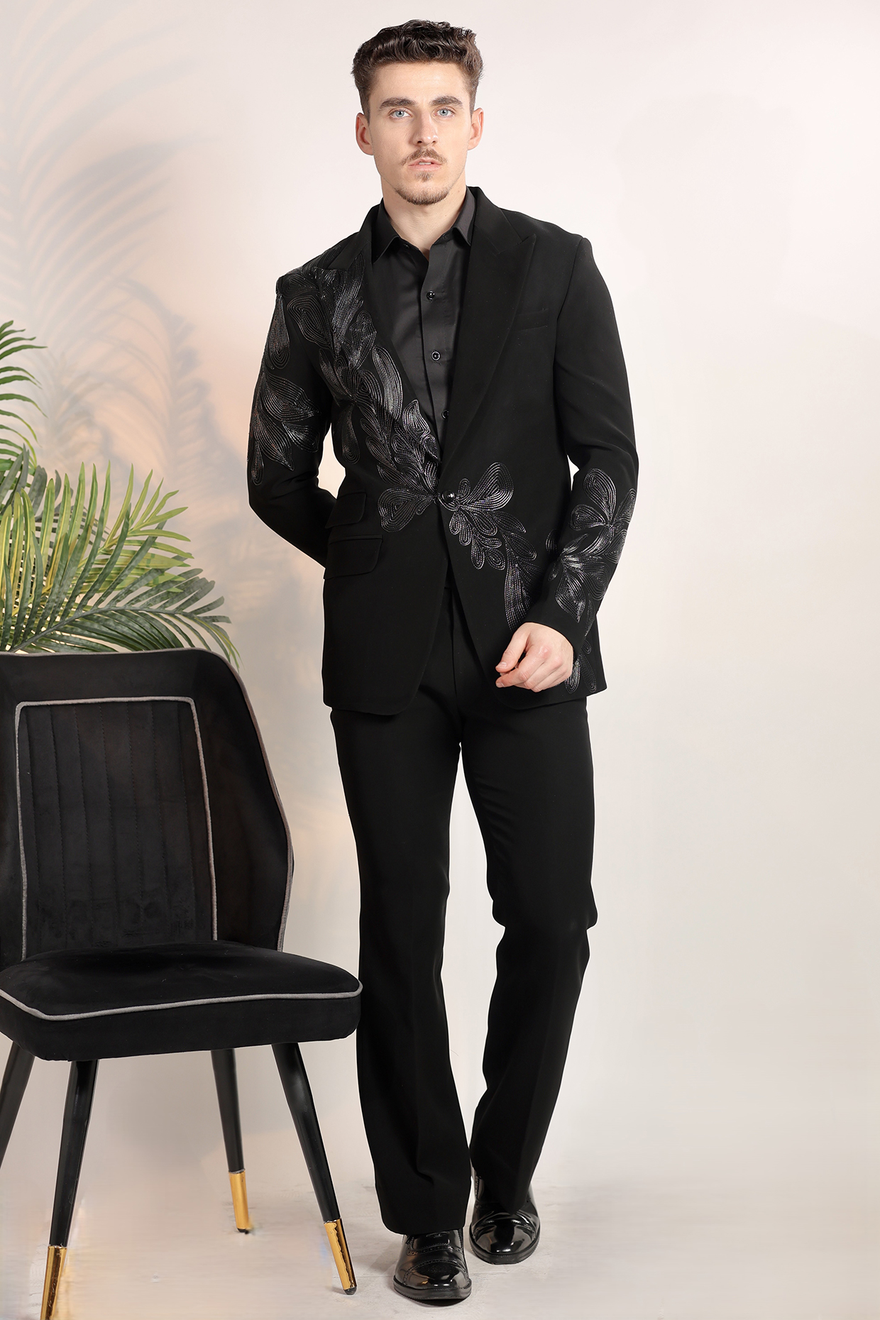 Black Magna Suiting Fabric Resham Embroidered Tuxedo Set by Bharat Reshma