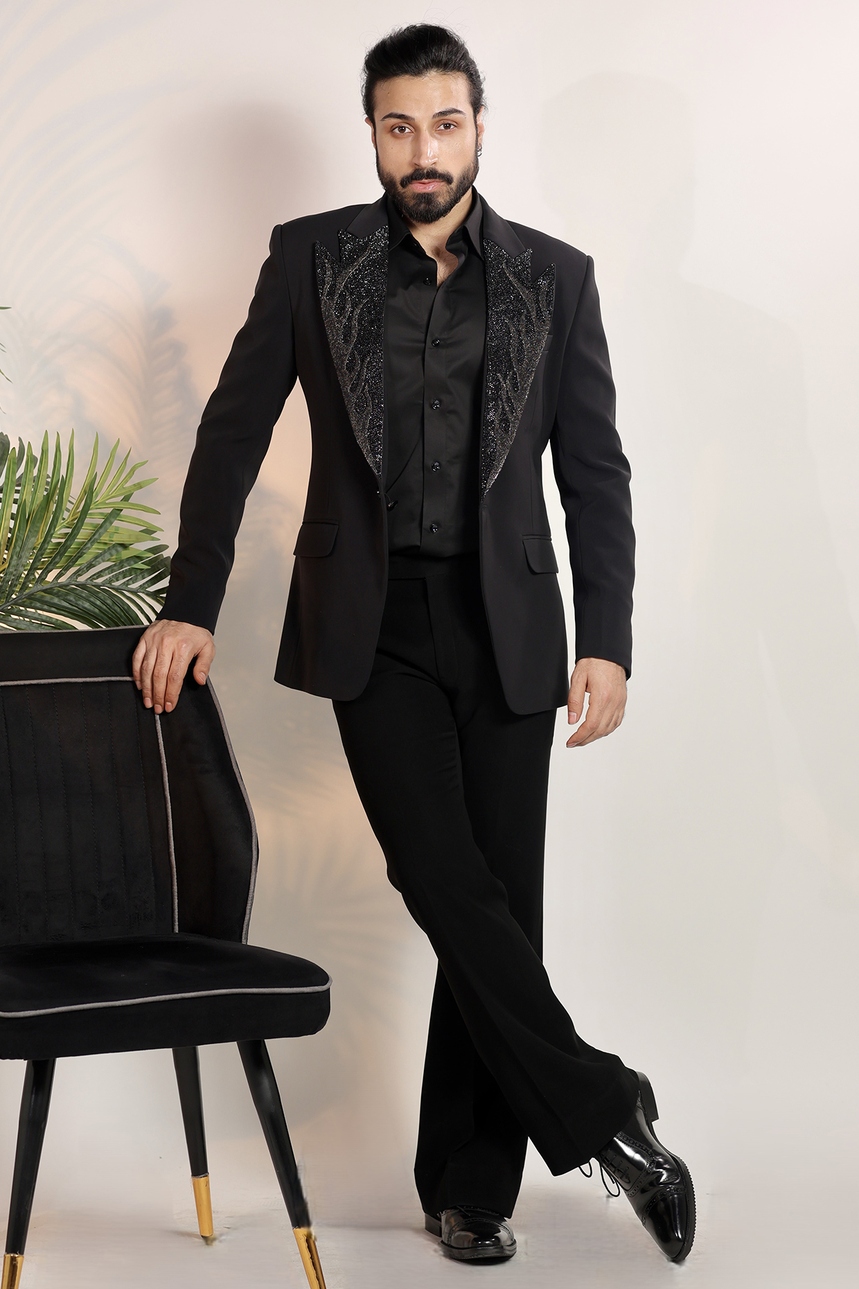 Black Magna Suiting Fabric Pearl Work Tuxedo Set by Bharat Reshma