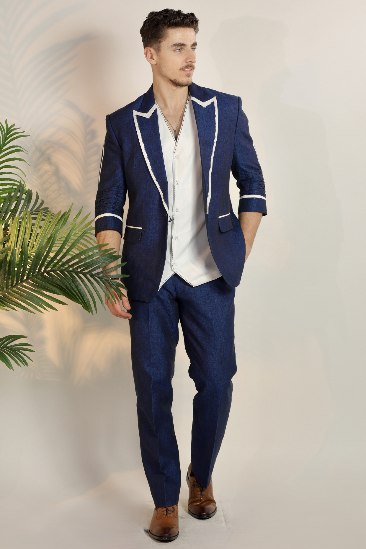 Blue Linen Handwork Blazer Set by Bharat Reshma
