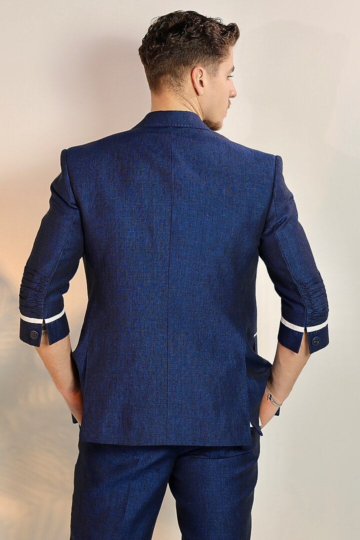Blue Linen Handwork Blazer Set by Bharat Reshma at Pernia's Pop Up Shop