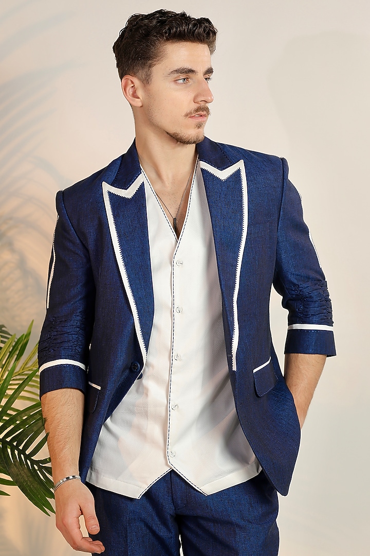 Blue Linen Handwork Blazer Set by Bharat Reshma at Pernia's Pop Up Shop