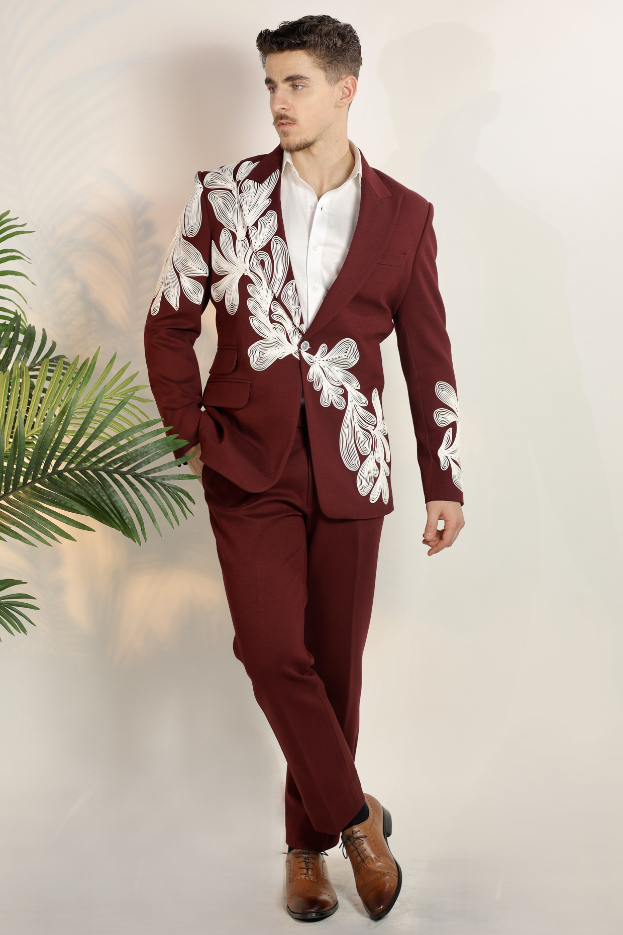 Maroon Magna Suiting Fabric Embroidered Tuxedo Set  by Bharat Reshma
