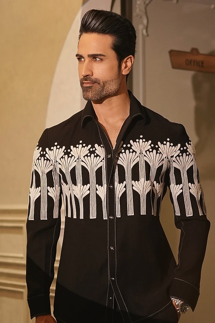 Black Cotton Satin Embroidered Wedding Shirt by Bharat Reshma at Pernia's Pop Up Shop