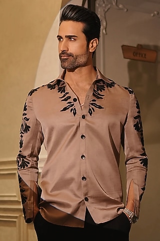 Brown Cotton Satin Embroidered Shirt by Bharat Reshma