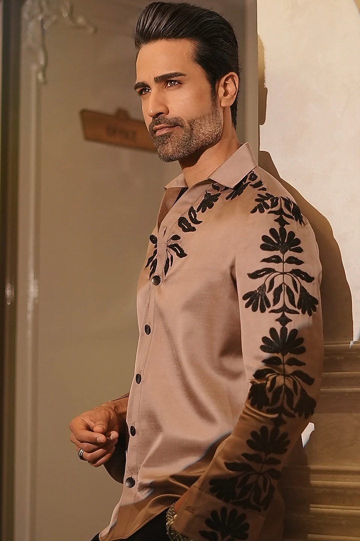 Brown Cotton Satin Embroidered Wedding Shirt by Bharat Reshma at Pernia's Pop Up Shop