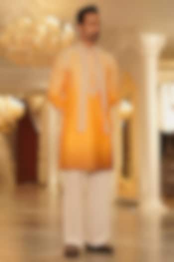 Yellow Satin Resham & Thread Embroidered Waistcoat Set by Bharat Reshma at Pernia's Pop Up Shop