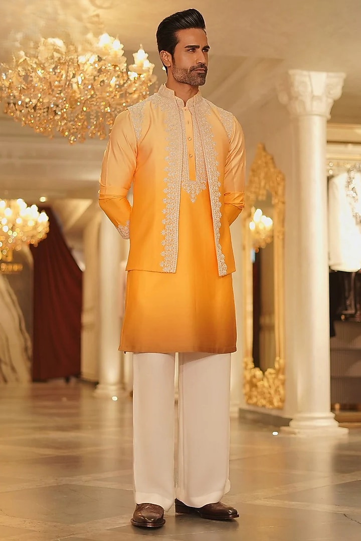 Yellow Satin Resham & Thread Embroidered Waistcoat Set by Bharat Reshma at Pernia's Pop Up Shop