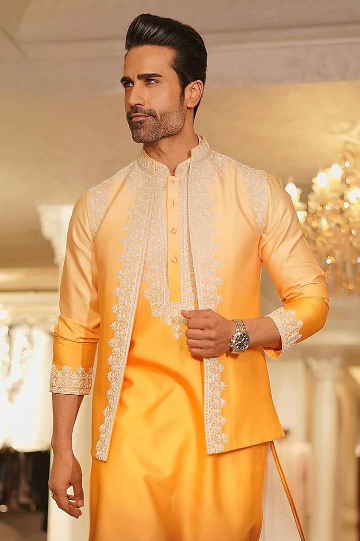 Yellow Satin Resham & Thread Embroidered Waistcoat Set by Bharat Reshma at Pernia's Pop Up Shop