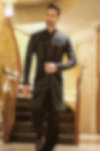 Black Magna Thread Embroidered Groom Indowestern Set by Bharat Reshma at Pernia's Pop Up Shop
