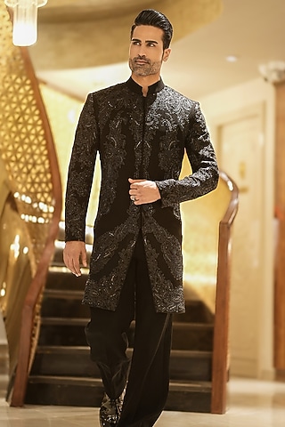 Black Magna Thread Embroidered Indowestern Set by Bharat Reshma