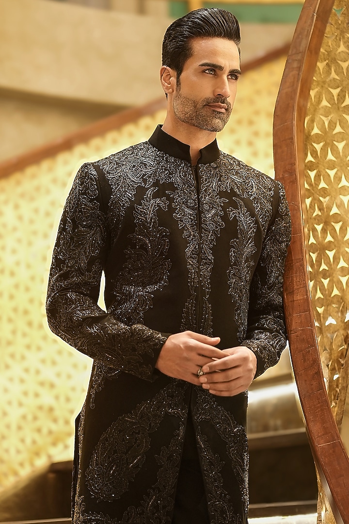 Black Magna Thread Embroidered Groom Indowestern Set by Bharat Reshma at Pernia's Pop Up Shop