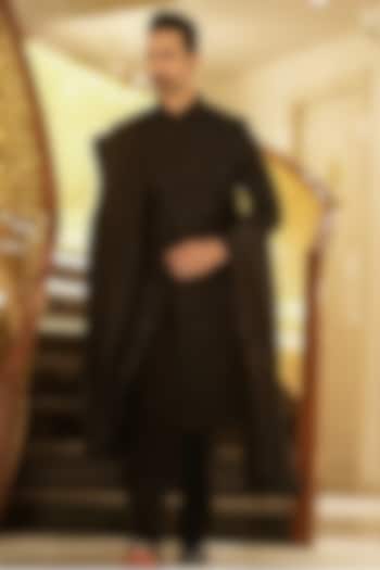 Black Jacquard Sequin Embroidered Groom Indowestern Set by Bharat Reshma at Pernia's Pop Up Shop