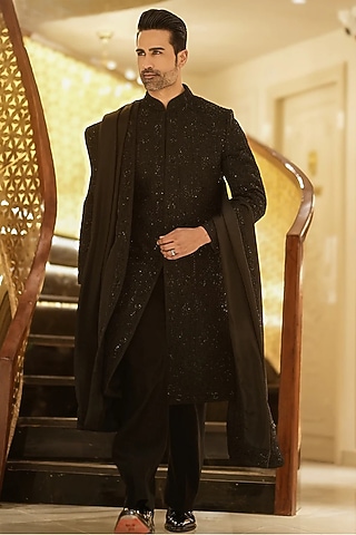 Black Jacquard Sequin Embroidered Indowestern Set by Bharat Reshma
