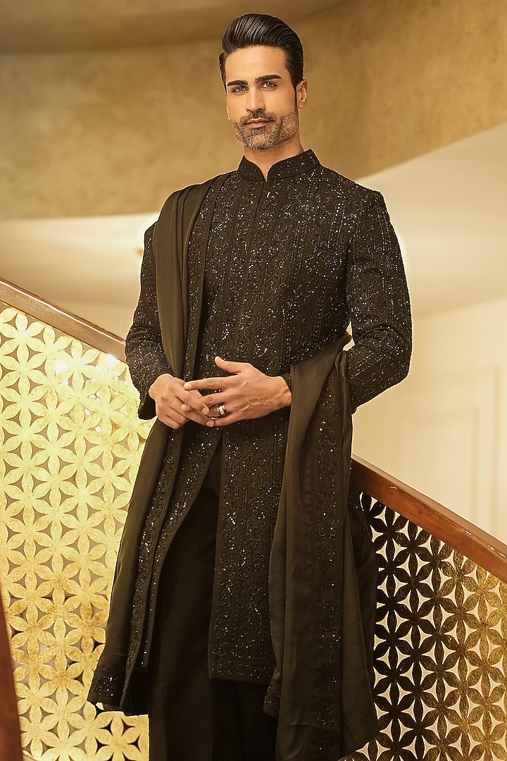 Black Jacquard Sequin Embroidered Groom Indowestern Set by Bharat Reshma at Pernia's Pop Up Shop
