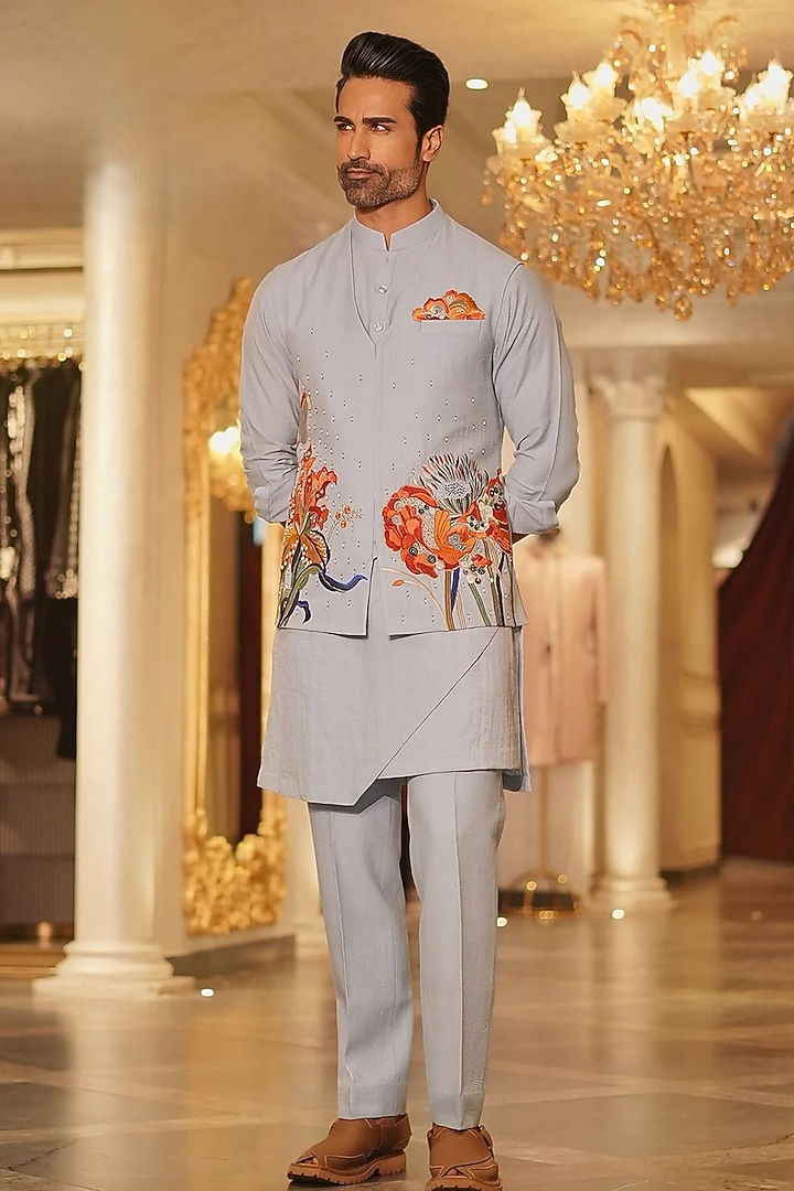 Grey Linen Thread & Floral Hand Embroidered Waistcoat Set by Bharat Reshma at Pernia's Pop Up Shop
