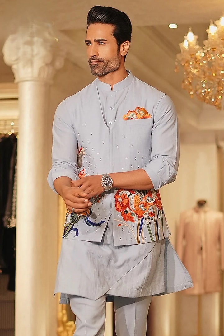 Grey Linen Thread & Floral Hand Embroidered Waistcoat Set by Bharat Reshma at Pernia's Pop Up Shop