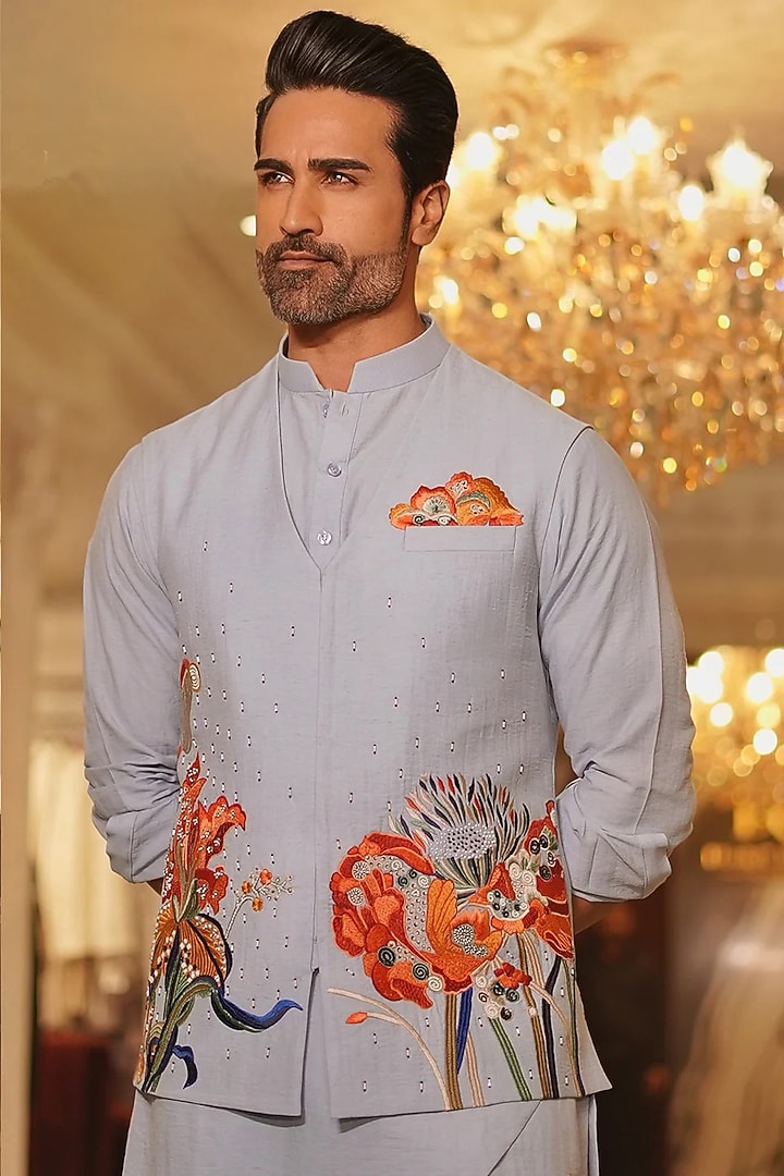 Grey Linen Thread & Floral Hand Embroidered Waistcoat Set by Bharat Reshma at Pernia's Pop Up Shop