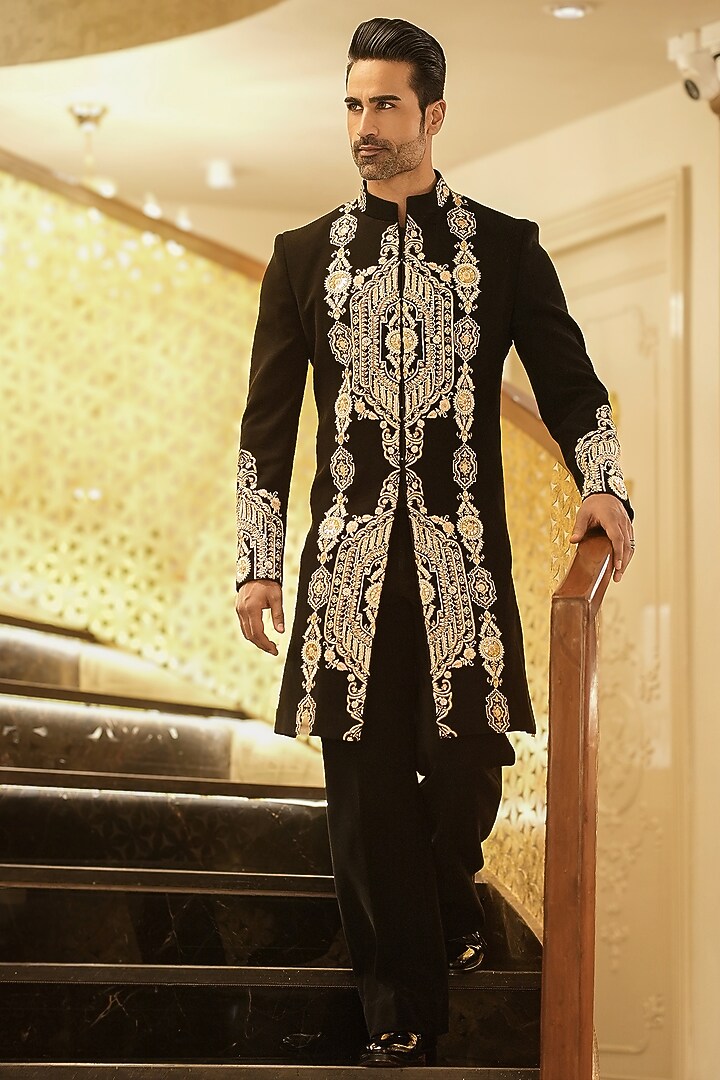 Black Magna Hand Embroidered Groom Indowestern Set by Bharat Reshma at Pernia's Pop Up Shop