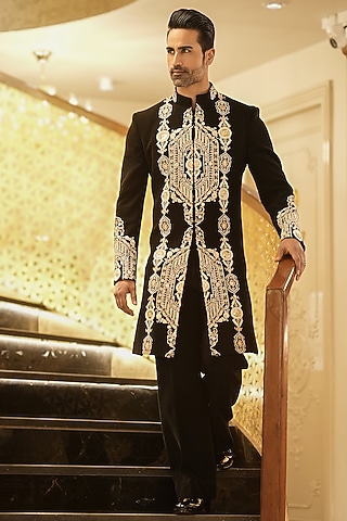 Black Magna Hand Embroidered Indowestern Set by Bharat Reshma