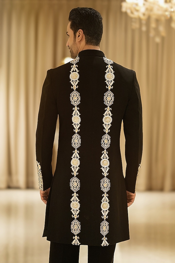 Black Magna Hand Embroidered Groom Indowestern Set by Bharat Reshma at Pernia's Pop Up Shop