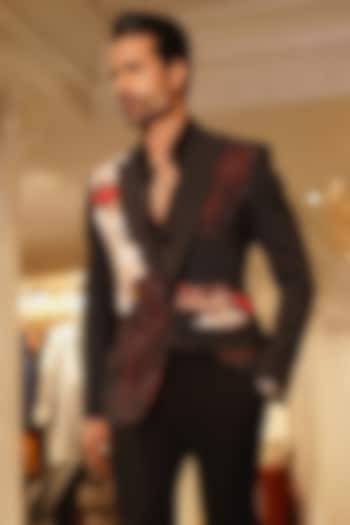 Black Dizi Fabric Printed & Embroidered Blazer by Bharat Reshma at Pernia's Pop Up Shop