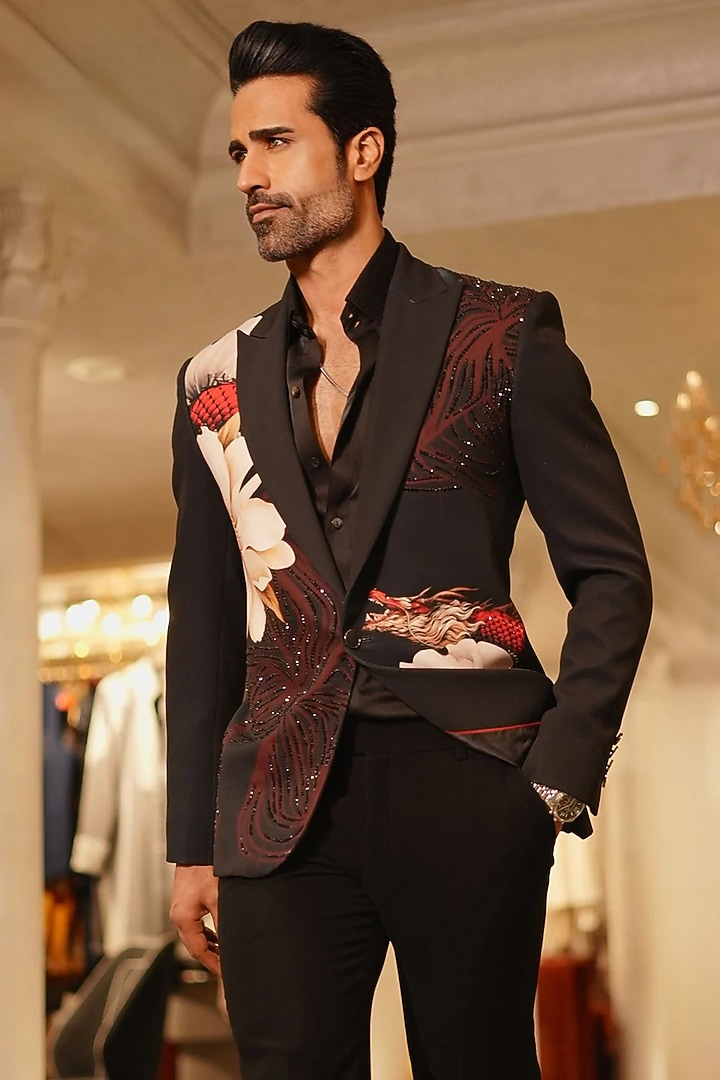 Black Dizi Fabric Printed & Embroidered Blazer by Bharat Reshma at Pernia's Pop Up Shop