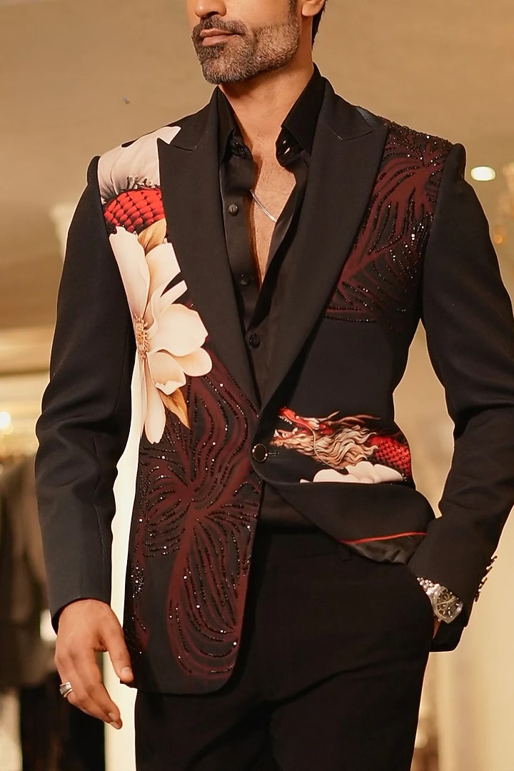Black Dizi Fabric Printed & Embroidered Blazer by Bharat Reshma at Pernia's Pop Up Shop