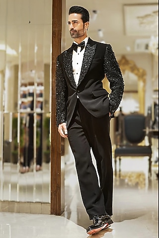Black Magna Moti & Cutdana Embroidered Blazer Set by Bharat Reshma