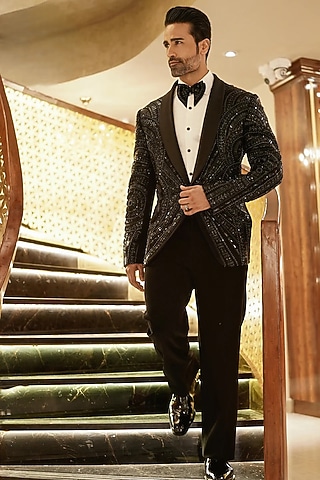 Black Magna Cutdana & Zari Embellished Blazer Set by Bharat Reshma