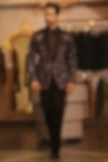 Wine Magna Suiting Cutdana & Pearl Embroidered Tuxedo Set by Bharat Reshma at Pernia's Pop Up Shop