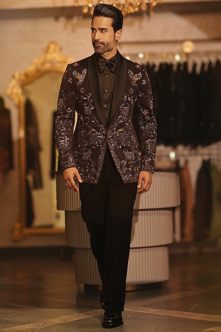 Wine Magna Suiting Cutdana & Pearl Embroidered Tuxedo Set by Bharat Reshma at Pernia's Pop Up Shop