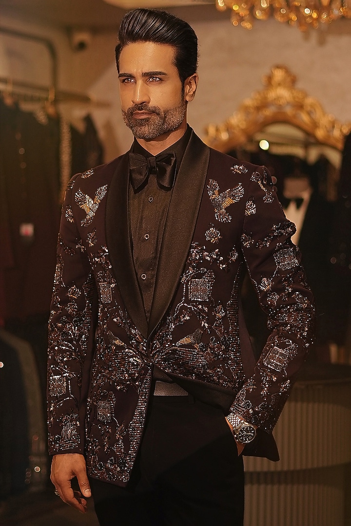 Wine Magna Suiting Cutdana & Pearl Embroidered Tuxedo Set by Bharat Reshma at Pernia's Pop Up Shop