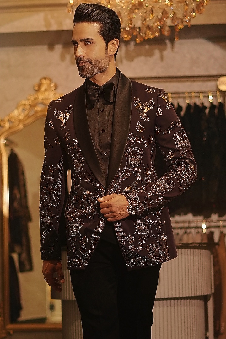 Wine Magna Suiting Cutdana & Pearl Embroidered Tuxedo Set by Bharat Reshma at Pernia's Pop Up Shop