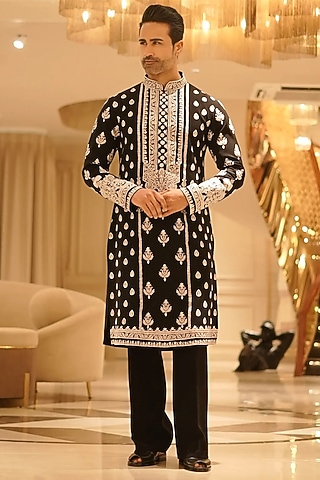 Black Magna Resham Hand Embroidered Kurta Set by Bharat Reshma
