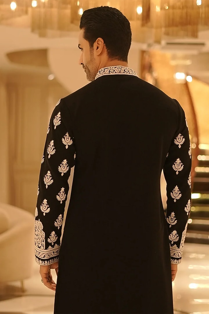 Black Magna Resham Hand Embroidered Kurta Set by Bharat Reshma at Pernia's Pop Up Shop