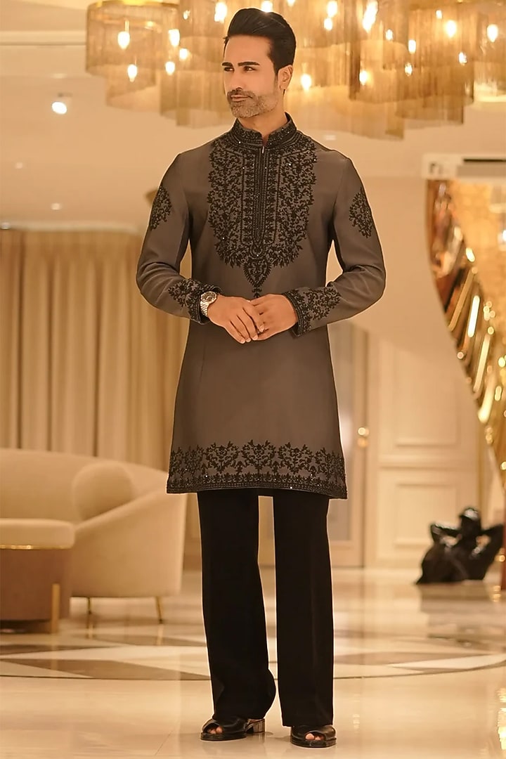 Smooth Grey Satin Silk Motif Embroidered Kurta Set by Bharat Reshma at Pernia's Pop Up Shop