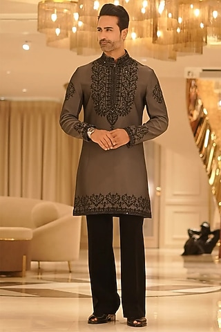 Smooth Grey Satin Silk Motif Embroidered Kurta Set by Bharat Reshma