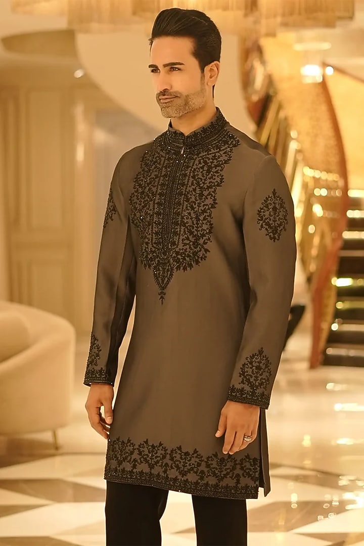 Smooth Grey Satin Silk Motif Embroidered Kurta Set by Bharat Reshma at Pernia's Pop Up Shop