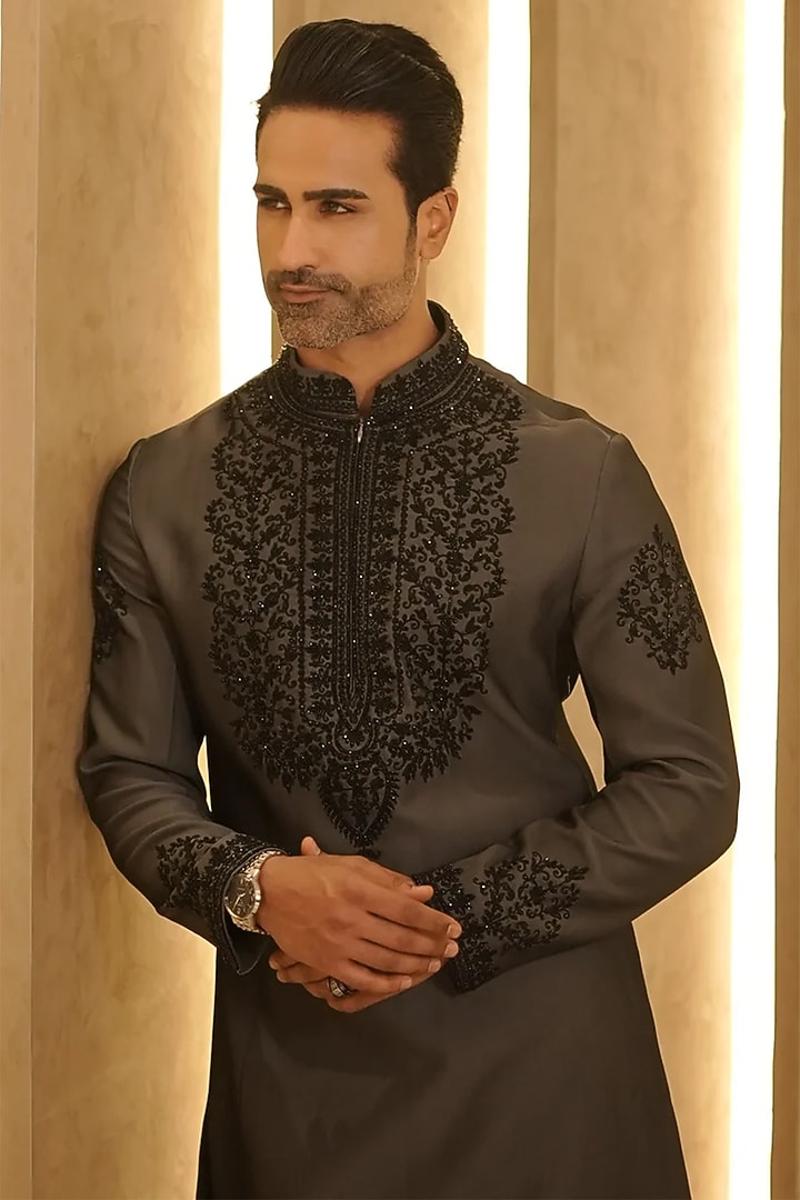Smooth Grey Satin Silk Motif Embroidered Kurta Set by Bharat Reshma at Pernia's Pop Up Shop