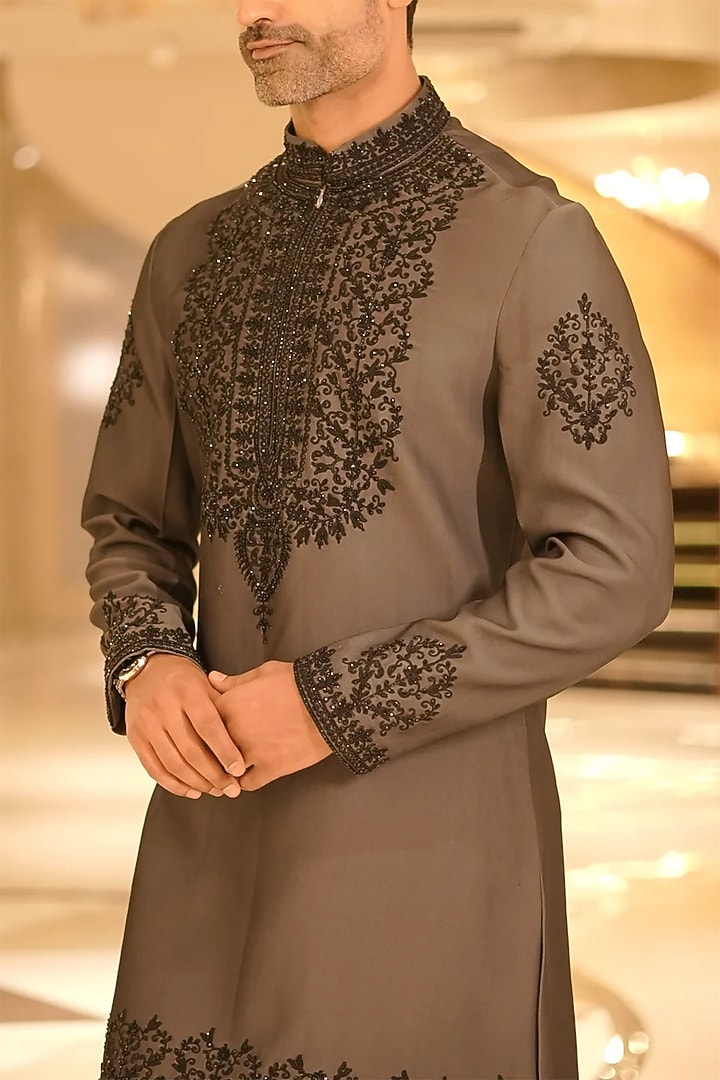 Smooth Grey Satin Silk Motif Embroidered Kurta Set by Bharat Reshma at Pernia's Pop Up Shop