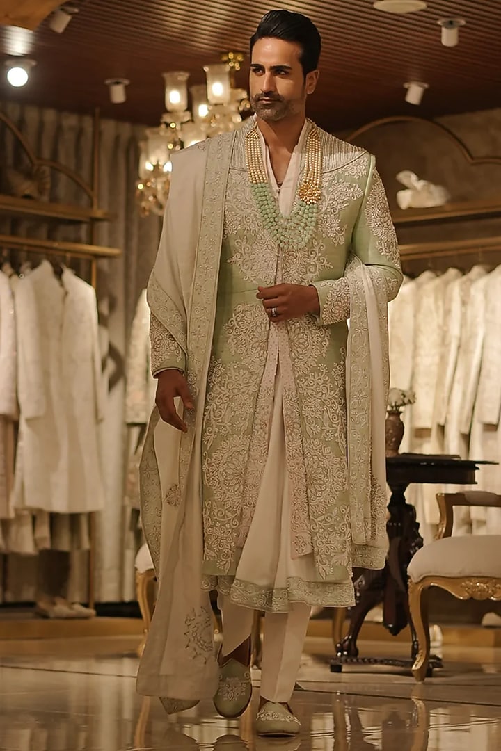 Green Raw Silk Thread Hand Embroidered Groom Sherwani Set by Bharat Reshma at Pernia's Pop Up Shop