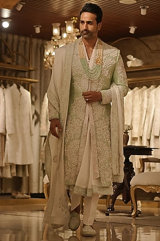 Green Raw Silk Thread Hand Embroidered Sherwani Set by Bharat Reshma