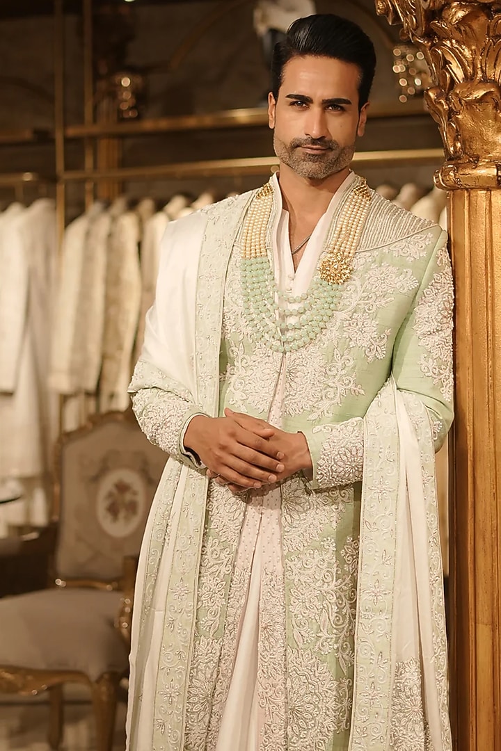 Green Raw Silk Thread Hand Embroidered Groom Sherwani Set by Bharat Reshma at Pernia's Pop Up Shop