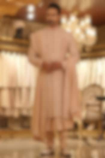 Peach Raw Silk Dori & Pearl Hand Embroidered Groom Sherwani Set by Bharat Reshma at Pernia's Pop Up Shop