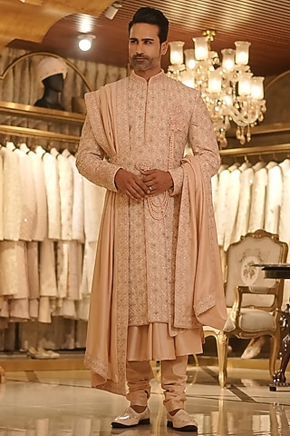 Peach Raw Silk Dori & Pearl Hand Embroidered Sherwani Set by Bharat Reshma