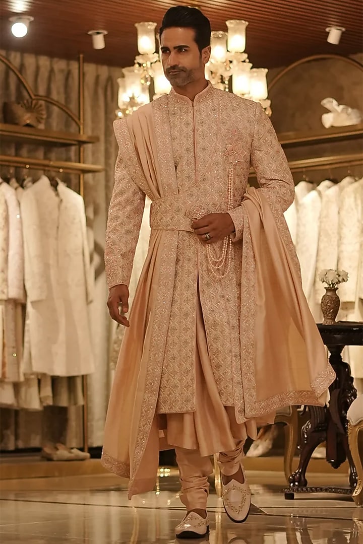 Peach Raw Silk Dori & Pearl Hand Embroidered Groom Sherwani Set by Bharat Reshma at Pernia's Pop Up Shop