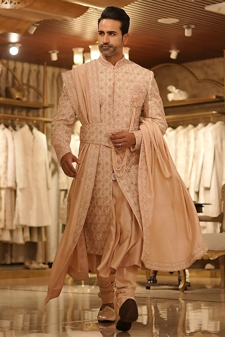 Peach Raw Silk Dori & Pearl Hand Embroidered Groom Sherwani Set by Bharat Reshma at Pernia's Pop Up Shop
