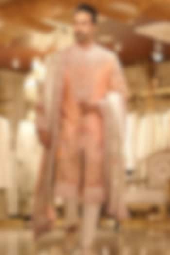 Peach Raw Silk Resham & Dabka Hand Embroidered Groom Sherwani Set by Bharat Reshma at Pernia's Pop Up Shop