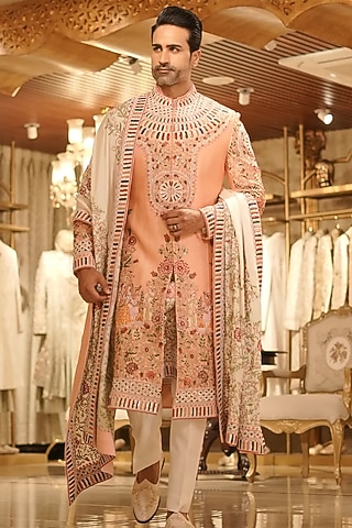 Peach Raw Silk Resham & Dabka Hand Embroidered Sherwani Set by Bharat Reshma