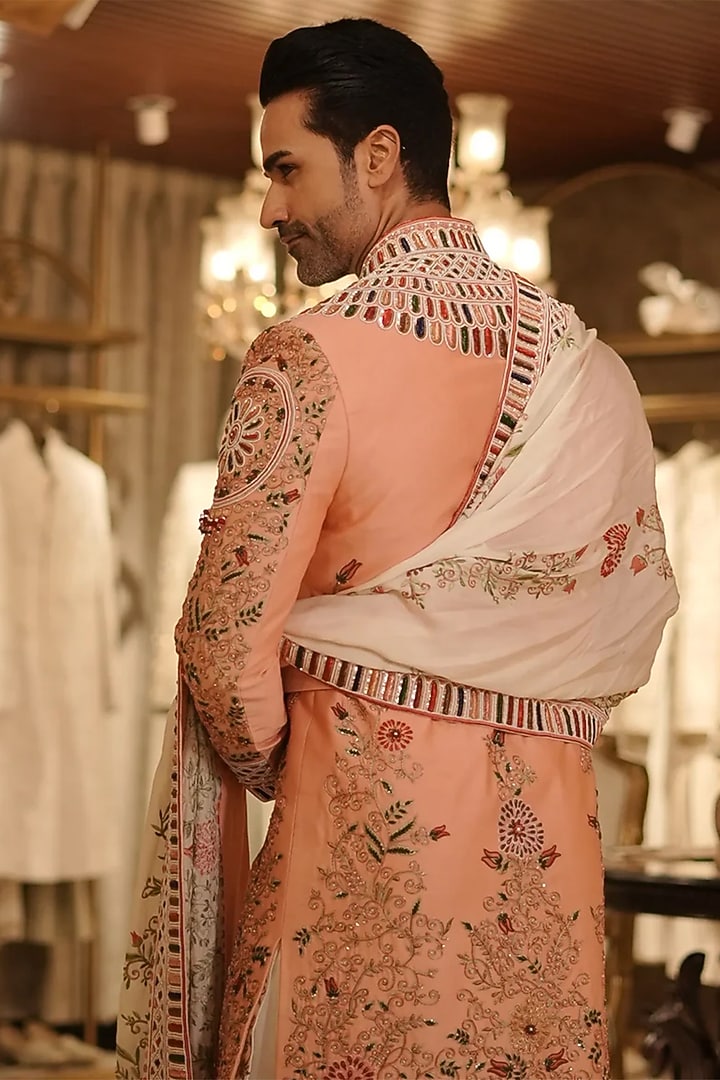 Peach Raw Silk Resham & Dabka Hand Embroidered Groom Sherwani Set by Bharat Reshma at Pernia's Pop Up Shop